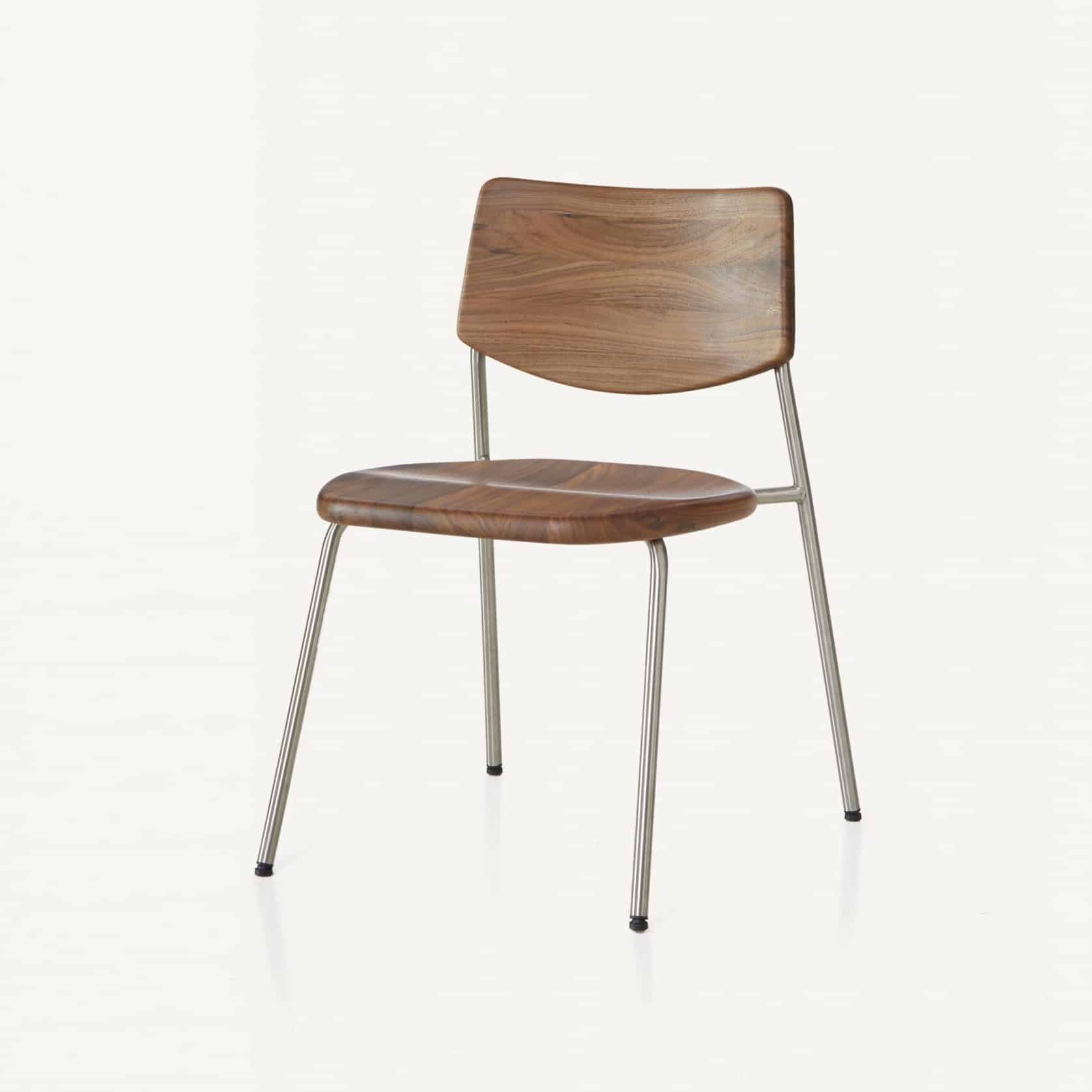 BassamFellows CB-58 Pipe Armless Chair in Walnut and Stainless Steel, three quarter front