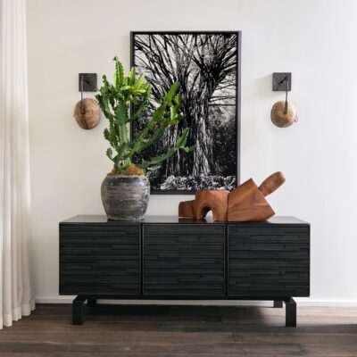 Three Door Charred Wood Cabinet