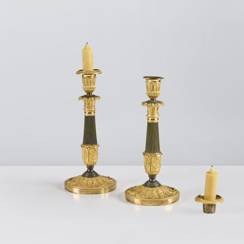Pair of Burnished Bronze Restoration Candlesticks