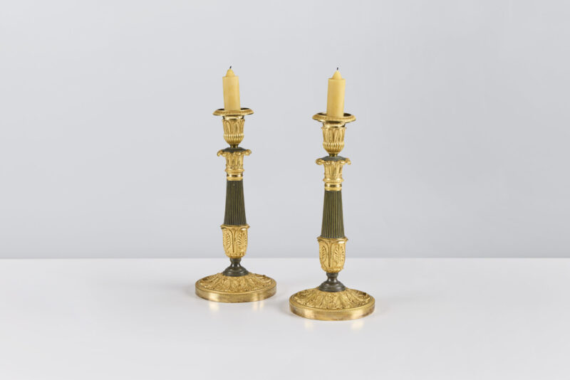 Pair of Burnished Bronze Restoration Candlesticks