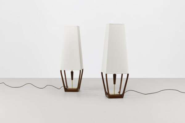 Pair of Walnut and Brass Table Lamps by Modeline