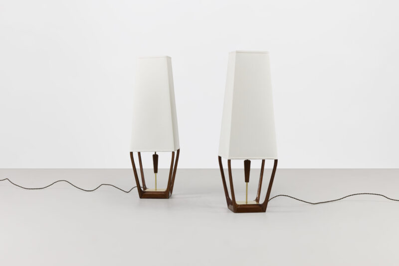 Pair of Walnut and Brass Table Lamps by Modeline