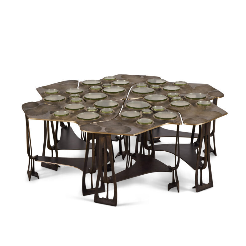 Tiberinus Coffee Table – Cast Bronze – Green Glass