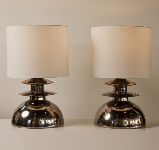 Pair of Tiered Table Lamps in Nickel